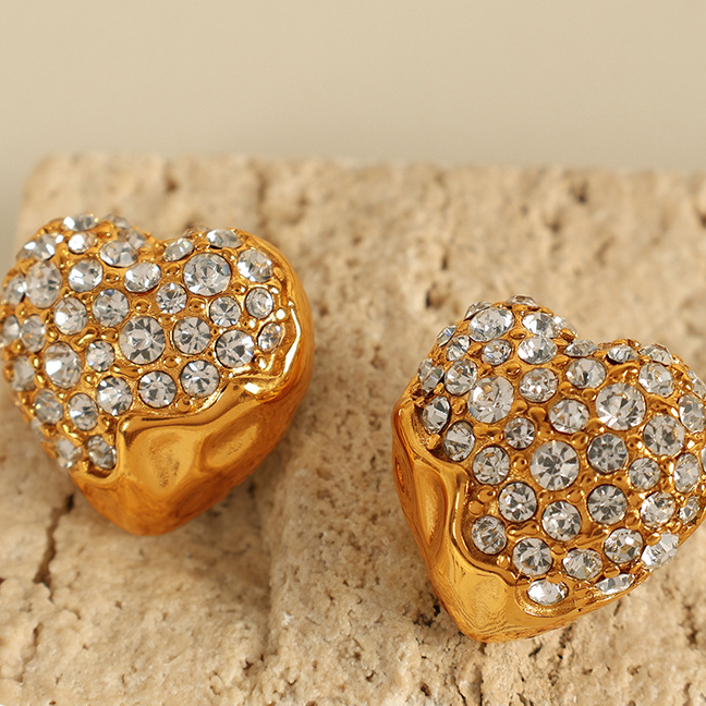 Gold color / 1 Pair Luxurious Series Elegant Heart Stainless Steel  Gold Color Plated Rhinestone Women's Stud Earrings 